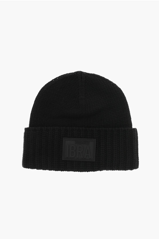 Dsquared2 Ibra Black On Black Solid Color Wool Blend Beanie In Black
