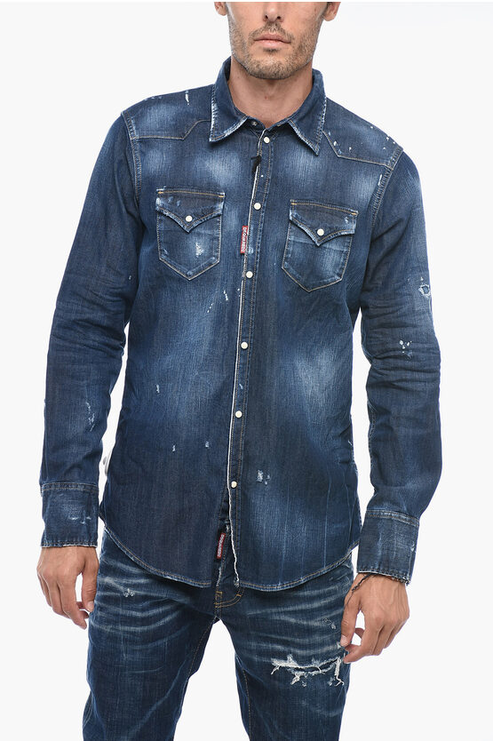 DSQUARED2 ICON ACID-WASHED DENIM SHIRT WITH PRINT 