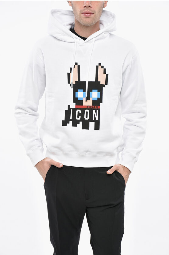 Dsquared2 Icon Fleeced Cotton Ciro Cool Fit Hoodie With Frontal Print In White
