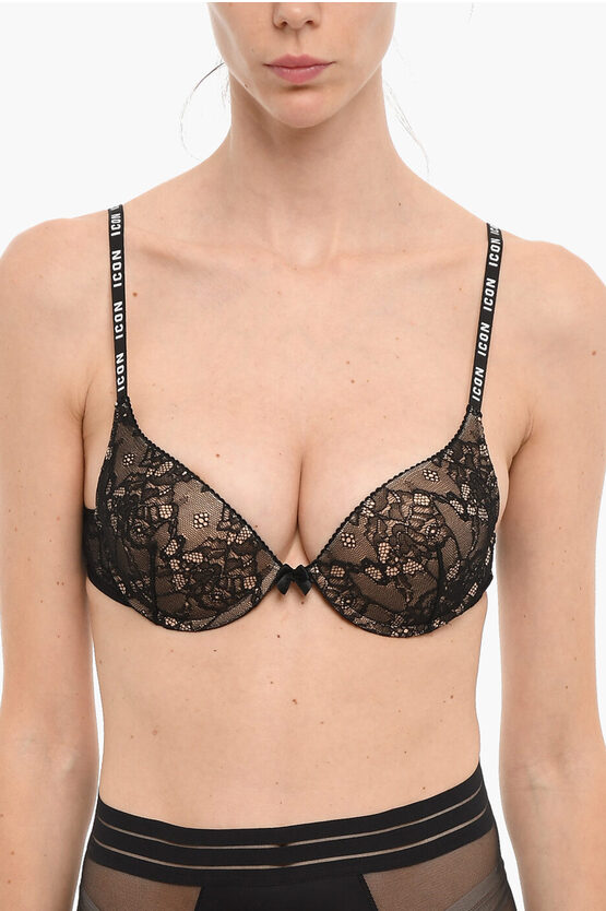 Dsquared2 Icon Lace Push-up Bra With Logoed Straps In Black