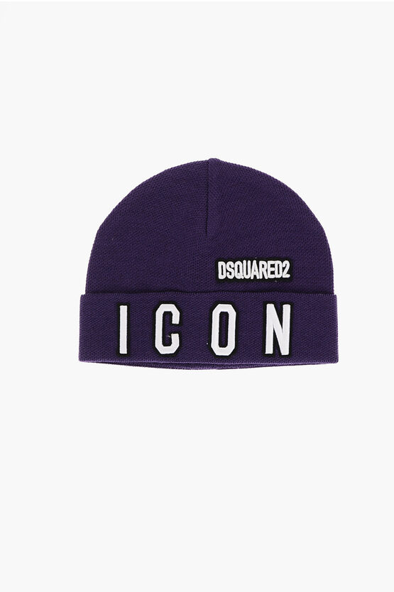 Dsquared2 Icon Solid Color Beanie With Embossed Logo In Purple