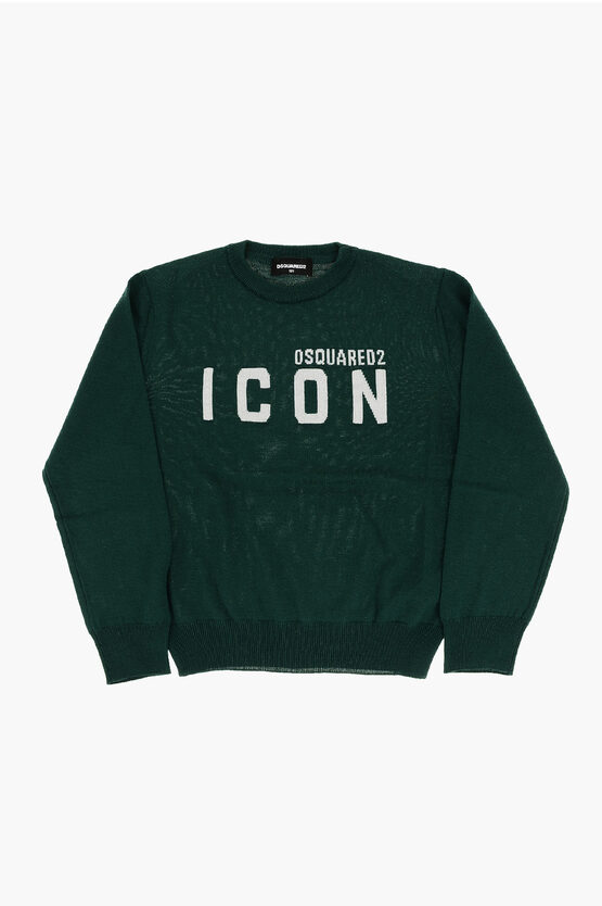 Dsquared2 Icon Solid Color Crew-neck Sweater With Contrasting Logo In Green