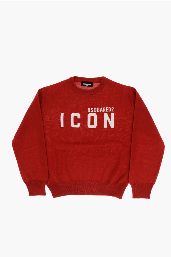 Dsquared2 Icon Solid Color Crew-neck Sweater With Contrasting Logo In Red