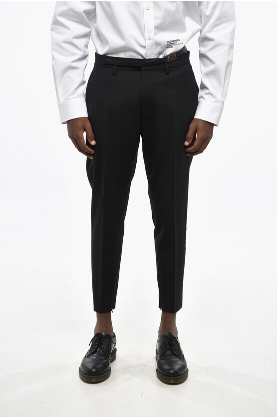 Dsquared2 Icon Straight Leg Virgin Wool Pants With Leather Application In Black