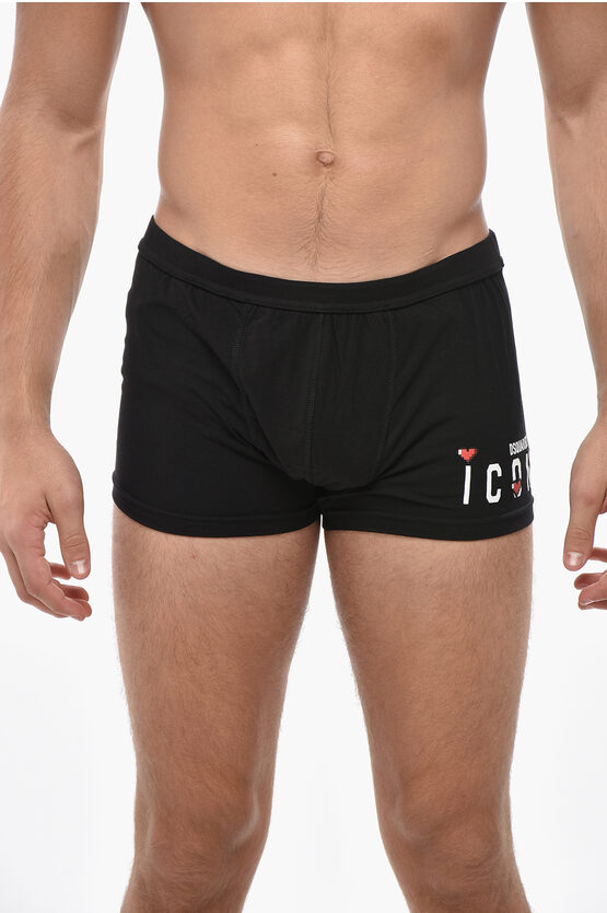 Dsquared2 Icon Stretch Cotton Boxer With Printed Logo And Embossed Hea In Black