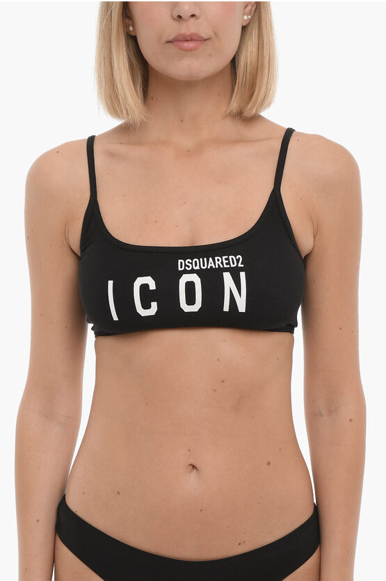 Shop Dsquared2 Icon Stretch Cotton Sport Bra With Printed Contrasting Logo