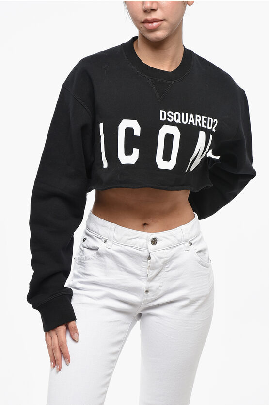Dsquared2 Icon Two-tone Cropped Cool Crew-neck Sweatshirt In Black