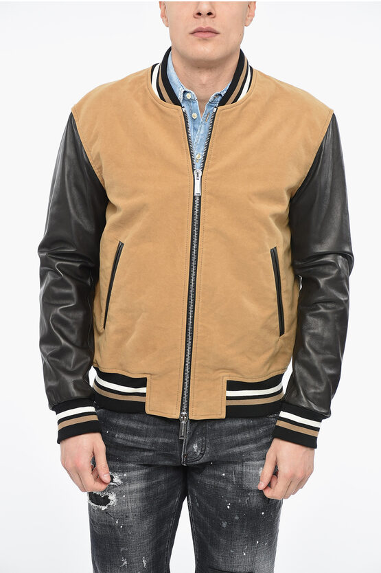 Dsquared2 Icon Varsity Bomber Jacket With Leather Sleeves In Brown