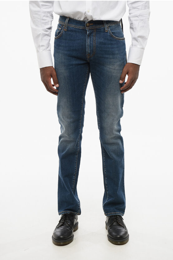 Corneliani Id Delavè Effect Jeans With Visible Stitching 18cm In Blue