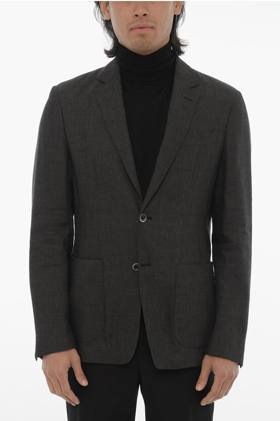 Corneliani Id Flax And Virgin Wool Unlined Blazer With Patch Pockets In Gray