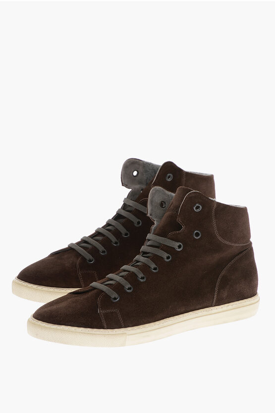 Corneliani Id High-top Suede Sneakers With Rubber Sole In Brown