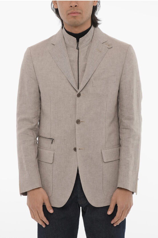 Corneliani Id Linen Blend Blazer With Removable Chest Piece In Brown