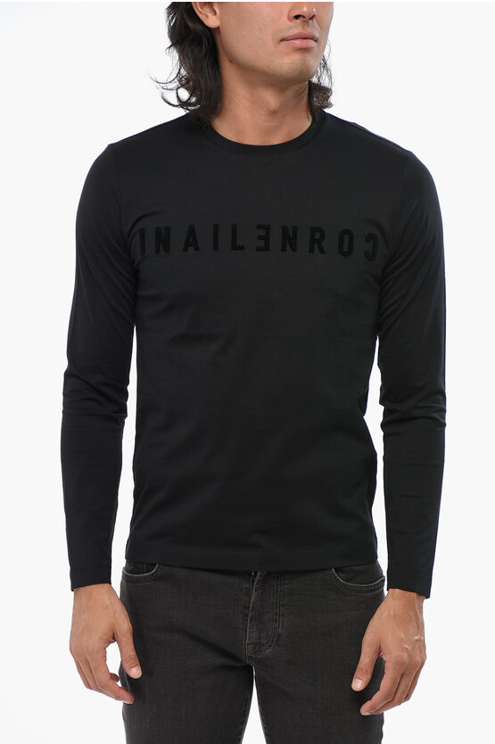 Corneliani Id Long Sleeved Crew-neck T-shirt With Embossed Logo In Black