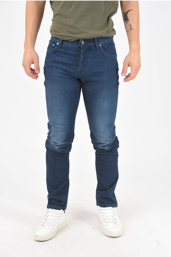 Shop Corneliani Id Luxury Denim Dark-washed Jeans With 5 Pockets 17cm
