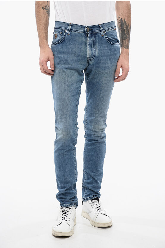 Shop Corneliani Id Stretch Denim Jeans With Visible Stitching 16cm