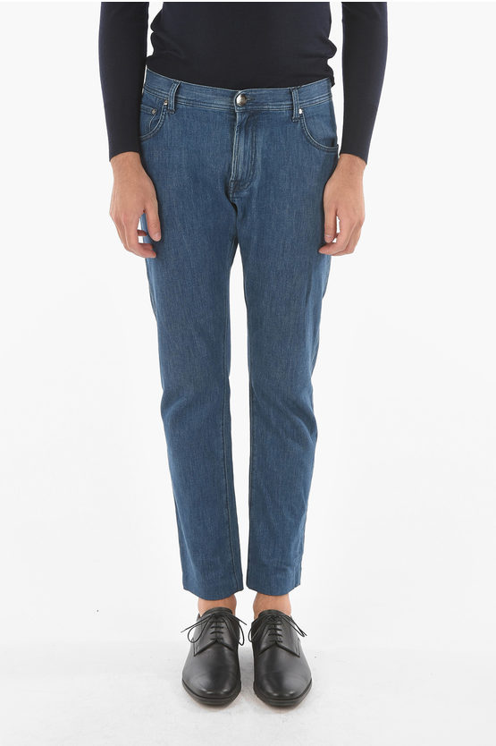 Corneliani Id Stretchy Denim Mid-wash Jeans With 5 Pockets 19cm In Blue