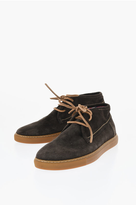 Corneliani Id Suede Desert Boots With Checked Inner In Brown