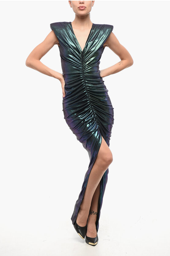 Balmain Iridescent Effect Draped Long Dress With Frontal Slit In Green