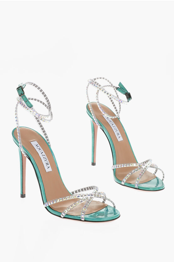 Aquazzura Iridescent Leather Dance Plaxi Ankle-strap Sandals With Rhin In Neutral