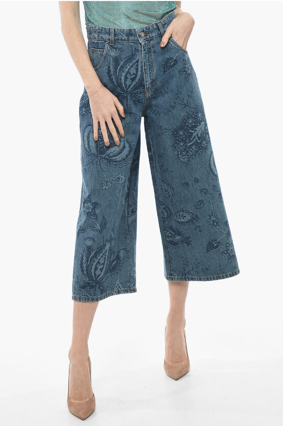 Etro Jacquard Denim Wide Leg Gaucho Jeans In Blue