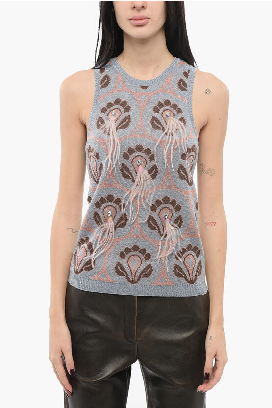 Etro Crystal Feather Embellished Foulard Knit Tank Top
