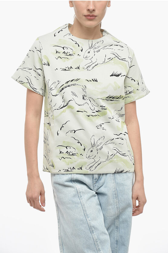 Jil Sander Jacquard Jersey Rabbit T-shirt With Shoulder Zip In White