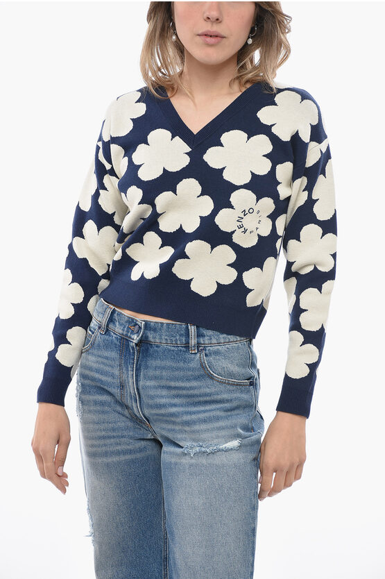 Shop Kenzo Jacquard Wool Blend Sweater With Floral Motif