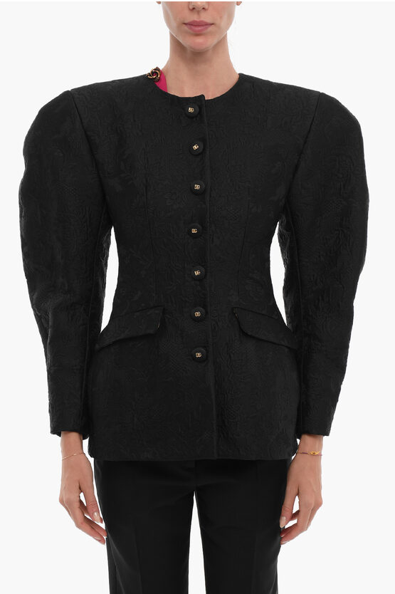 Dolce & Gabbana Jaquard Jacket With Floral Embroidery With Padded Shoulders In Black