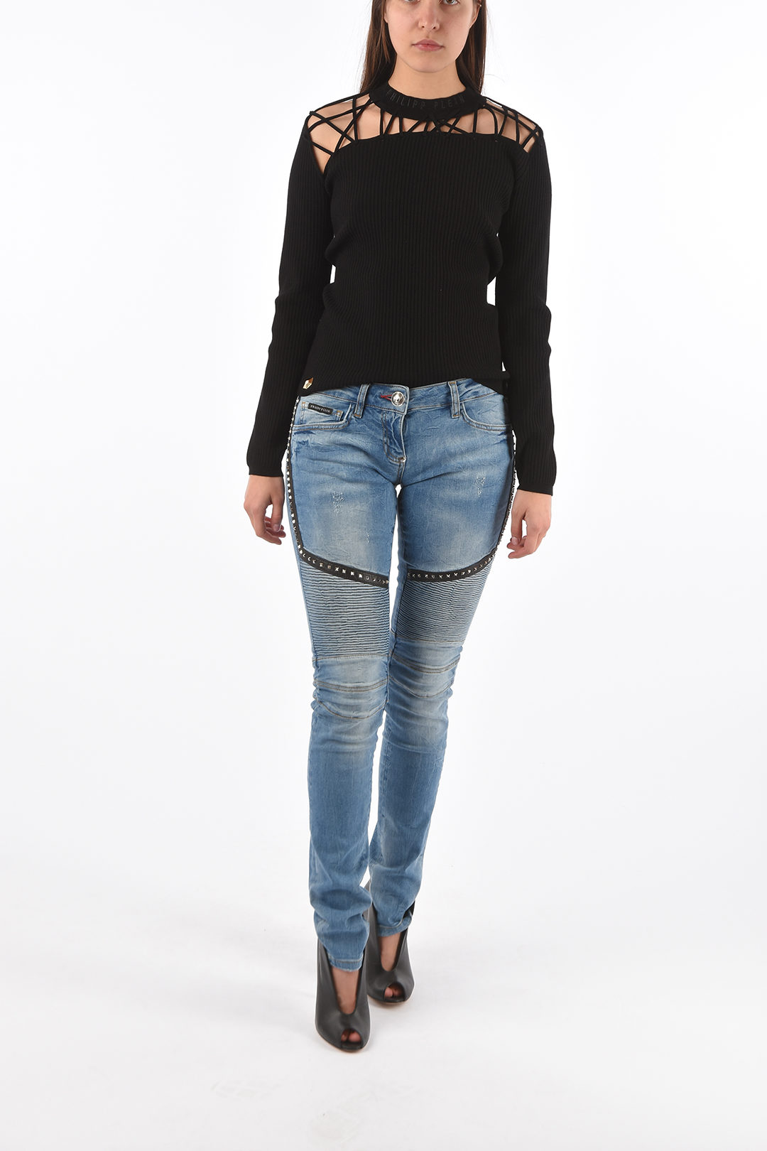 Philipp Plein jeans biker LIAR con dettagli in eco pelle donna Glamood Outlet