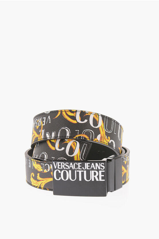 Versace Jeans Couture All-over Baroque And Logo Belt 35mm In Black