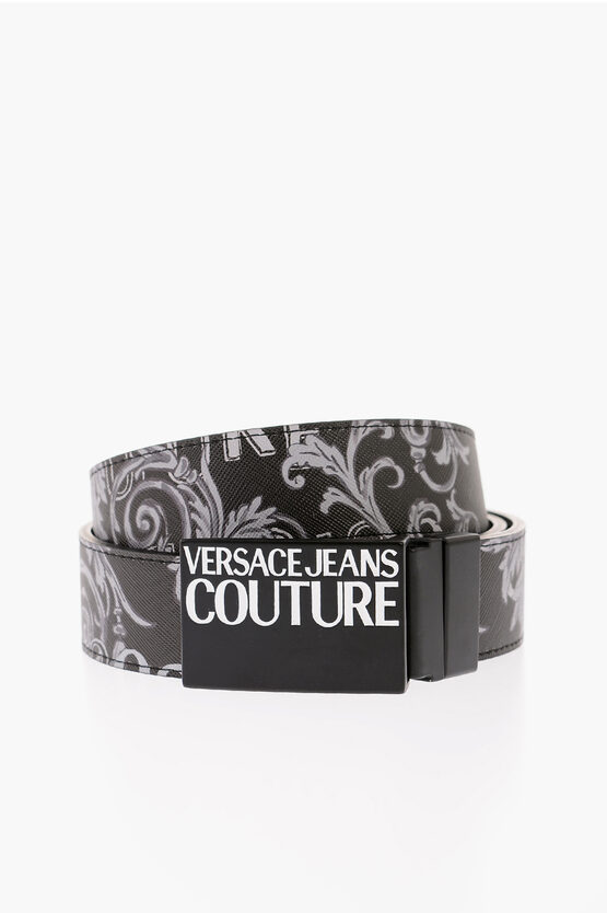 Versace Jeans Couture All-over Baroque Motif And Logo Belt 35mm In Black