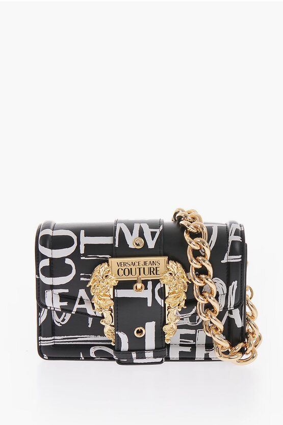 Versace Jeans Couture All-over Logo Printed Faux Leather Shoulder Ba In Black