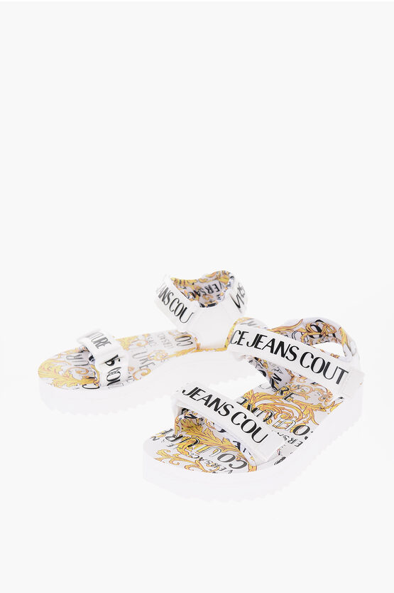 Versace Jeans Couture Baroque Motif Miami Sandals With Logoed Touch In White