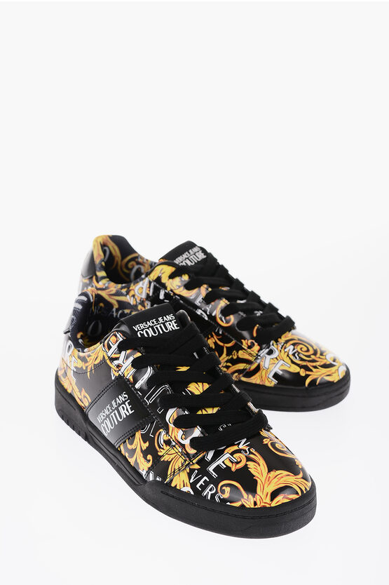 Versace Jeans Couture Baroque Motif Patent Leather Brooklyn Low-top In Black