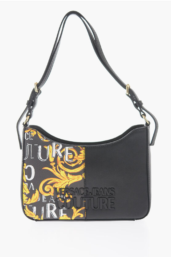 Versace Jeans Couture Baroque Motif Shoulder Bag With Embossed Logo In Black