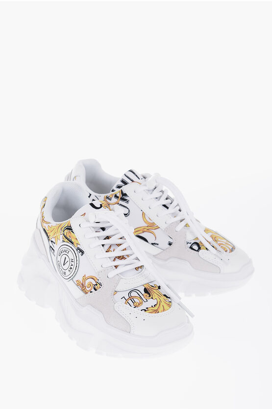 Versace Jeans Couture Baroque Motif Trainers With Suede Details 7cm In White