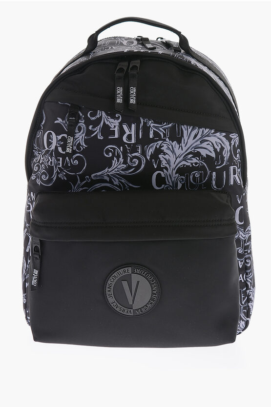 Versace Jeans Couture Baroque Patterned Fabric Backpack In Black