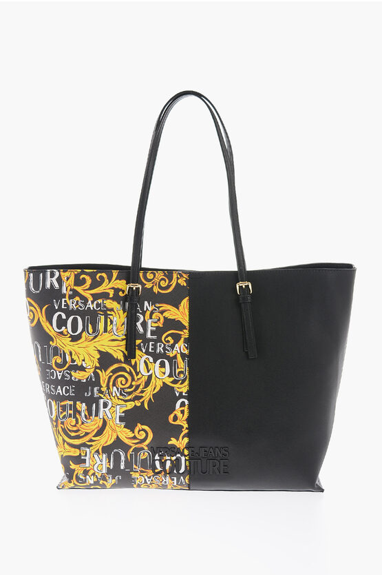 Versace Jeans Couture Baroque Printed Faux Leather Rock Cut Tote Bag In Black