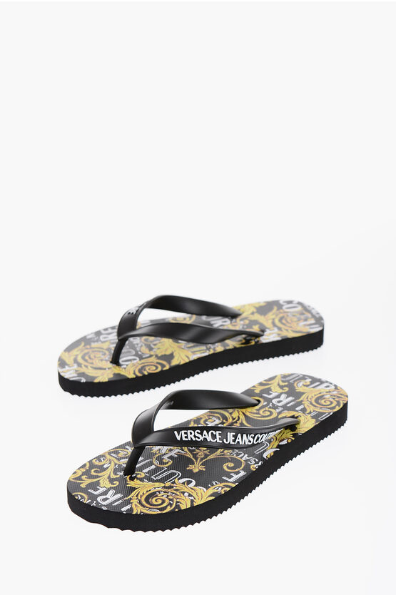 Versace Jeans Couture Baroque Printed Rubber Flip Flops In Black