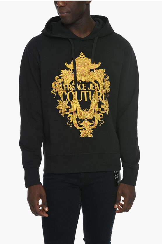 Versace Jeans Couture Brushed Cotton Hoodie With Baroque Print Decor In Black