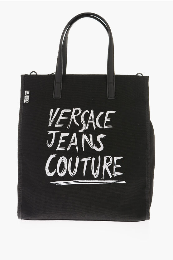 Versace Jeans Couture Canvas Tote Bag With Printed Contrasting Logo In Black