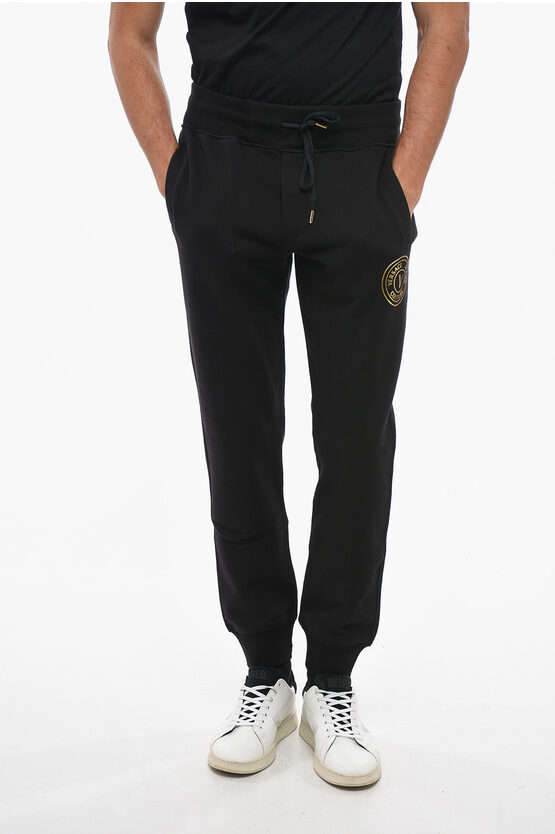 Versace Jeans Couture Cotton Sweatpants With Lamè Print In Black
