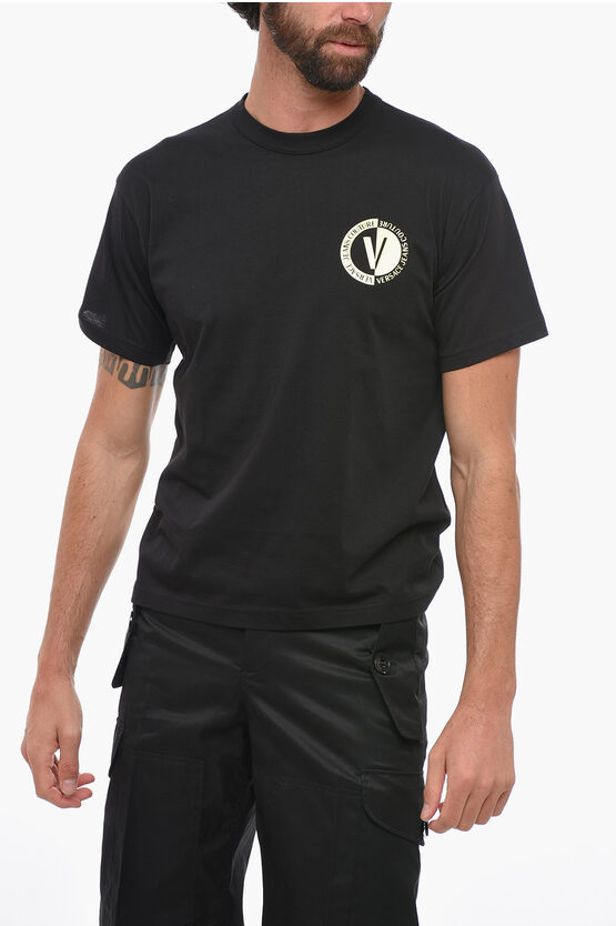 Versace Jeans Couture Crew Neck Cotton T-shirt With Lamè Logo In Black