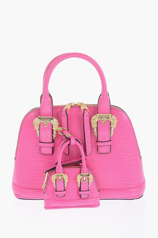 Versace Jeans Couture Crocodile Effect Faux Leather Handbag With Dou In Pink
