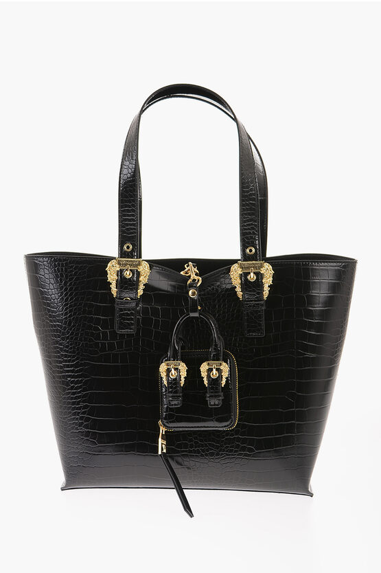 Versace Jeans Couture Crocodile Effect Faux Leather Tote Bag With Ma In Black