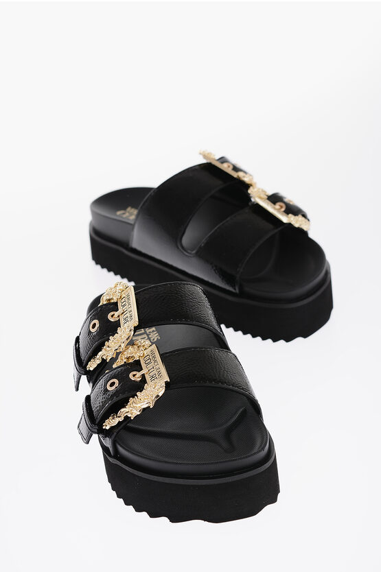 Versace Jeans Couture Faux Leather Arizona Sandals With Golden Buckl In Black