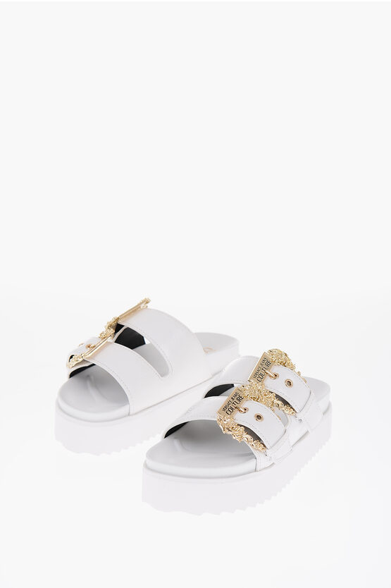 Versace Jeans Couture Faux Leather Arizona Sandals With Golden Buckl In White