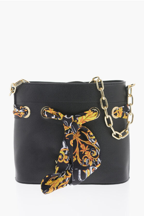 Versace Jeans Couture Faux Leather Bucket Bag With Foulard Embellish In Black
