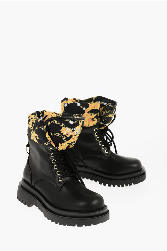 Versace Jeans Couture Faux Leather Drew Combat Boots With Baroque Mo In Black
