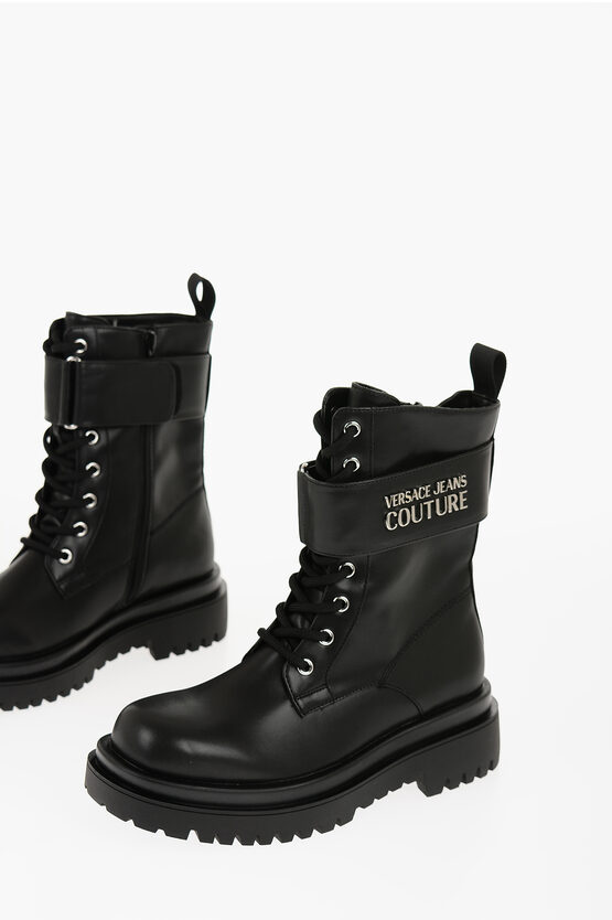 Versace Jeans Couture Faux Leather Drew Combat Boots With Metal Logo In Black